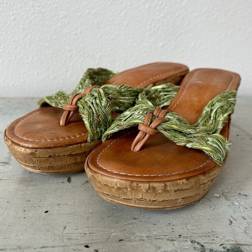 Toscanella leather and fabric platform cork flip flops made in Italy boho sage 7 - Picture 5 of 13